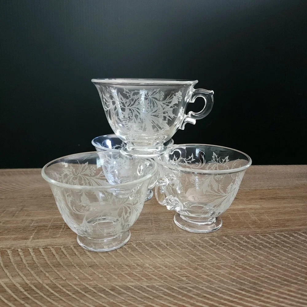 Fostoria Heather Tea Cups Etched Crystal Set of‎ 4